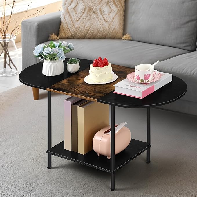 Small Round Coffee Table, 2-Tier Oval Center Table with Storage and Open Shelving, Minimalist Display Center Table for Living Room, Small Space, Home Office, Brown & Black