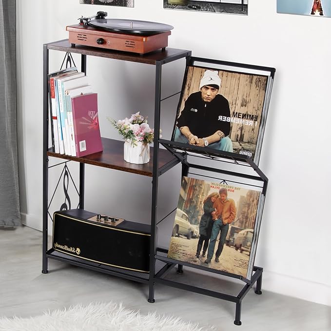 Record Player Stand with Vinyl Record Storage, Turntable Stand with 2-Tier Vinyl Display Shelf & Metal Frame, Record Holder for Living Room, Rustic Brown