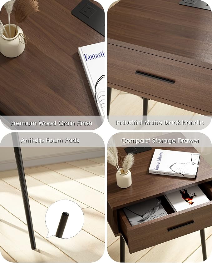 HAIOOU Mid Century End Table with Charging Station, Modern One Drawer Nightstand Side Table with Premium Matte Black Handle and Pine Wood Legs for Home Bedroom Living Room
