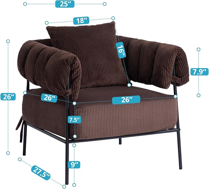 HollyHOME Modern Velvet Accent Chair, Upholstered Comfy Reading Chair, Fabric Large Lazy Arm Chair with Soft Cushion, Metal Frame Lounge Sofa Chair for Living Room, Bedroom, Balcony, Coffee