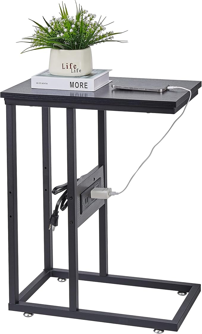 VECELO C Shaped End Side Table with Charging Station & Power Outlets for Couch Sofa/Bed, Snack TV Tray with Metal Frame for Living Room Bedroom 1 Set, Black