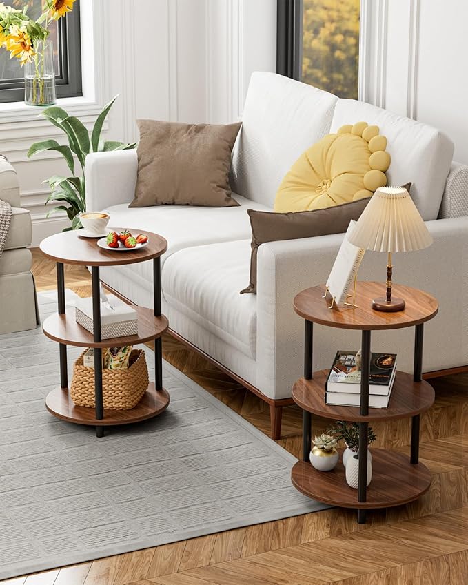 Small Round End Table - 3 Tier Design Accent Table, Narrow Side or Bedside Stand, Industrial Vintage Nightstand for Bedroom, Living Room, or Small Spaces, Set of 2, Rustic Walnut