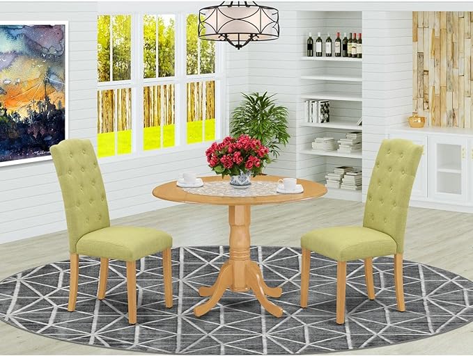 East West Furniture DLCE3-OAK-07 3 Piece Dining Set Contains a Round Dining Room Table with Dropleaf and 2 Limelight Linen Fabric Upholstered Parson Chairs, 42x42 Inch, Oak