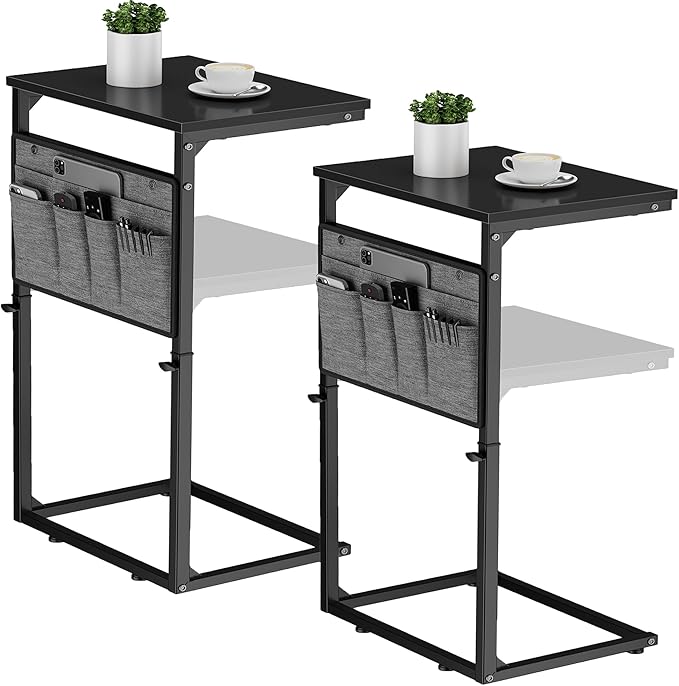 Vagusicc C Shaped End Table, Set of 2 Tall Side Table for Couch, Adjustable Height Small Couch Side Table for Small Spaces, End Table Slide Under Sofa Table TV Tray Arm Table for Living Room, Black