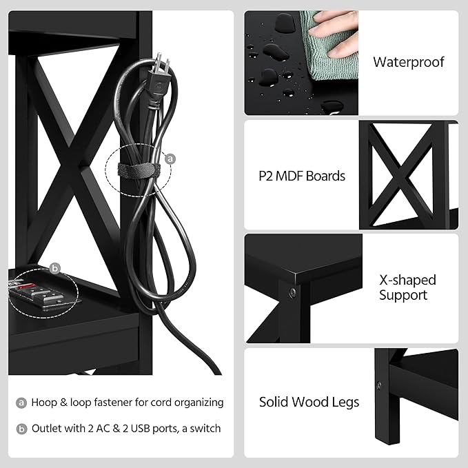 Yaheetech Entryway Table with Storage Shelves, Console Table with Power Outlets and USB Ports, Wood Narrow Sofa Tables with X-Shaped Design for Living Room/Hallway/Couch, Black