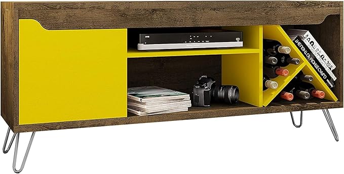 Manhattan Comfort Baxter 53.54" Mid Century TV Stand for Bedroom and Living Room Use, Entertainment Center with Storage, Shelves and Wine Racks, Ideal for 46 to 50 Inch Screens, Rustic Brown/Yellow