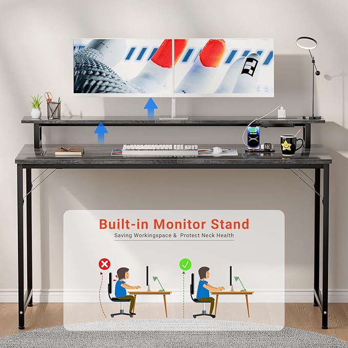 47 inch Computer Desk with Power Outlets, Gaming Desk with LED Lights, Home Office Work Desk with Monitor Shelf, Modern Office Desk Study Writing Table for Small Spaces, Black Oak