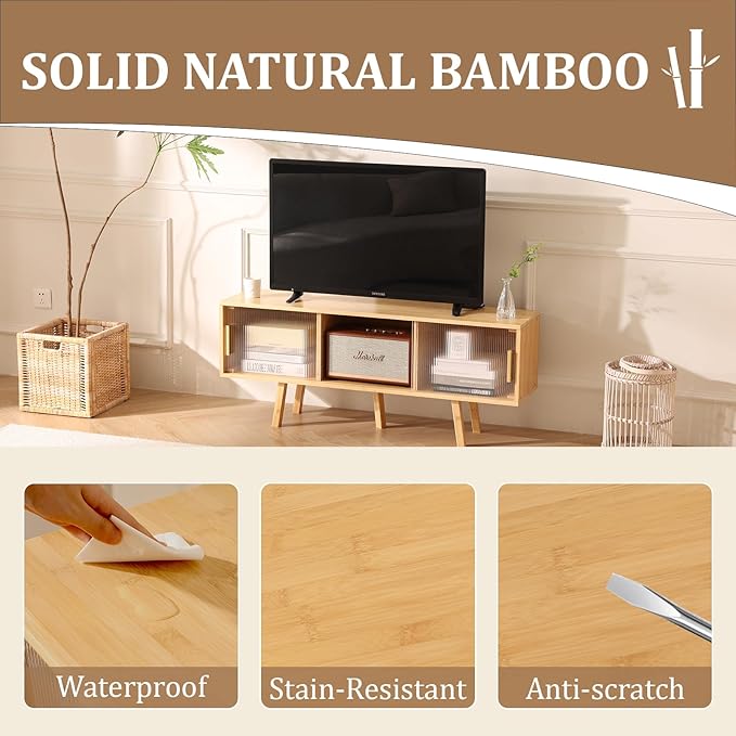 Bamboo TV Stand Entertainment Center- Mid-Century Modern Television Stand for 50 inch TVs, Bamboo Media Console Table, Open Storage Shelves for Living Room, Bedroom and Home Decor