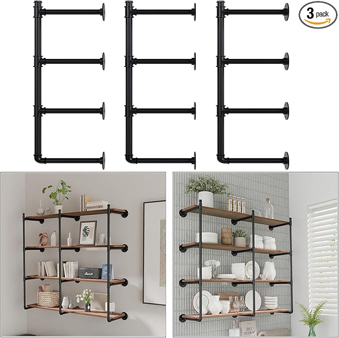 Industrial Pipe Shelf Brackets Wall Mount, Open Black Pipe Shelving for Kitchen,Floating Shelf Brackets Mount,Open Bookshelf Brackets for Shelves,Wall Shelves 12 Inch Deep,(2PcsX3Tier,47" Tal)