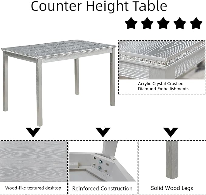 Dining Table Set for 4, 5-Piece Dining Room Table Set with Rectangular Crystal Decoration Table & 4 Upholstered Backrest Chairs, Counter Height Kitchen Sets with MDF Tabletop, Silver Gray