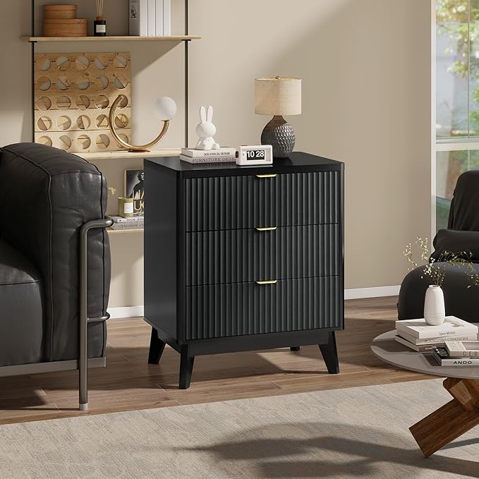 LYNCOHOME Fluted Nightstand with 3 Drawers Dresser, Modern Wood Chest of Bedside Table with Curved Profile, Fluted Dresser & Wood Drawer Organizer for Bedroom