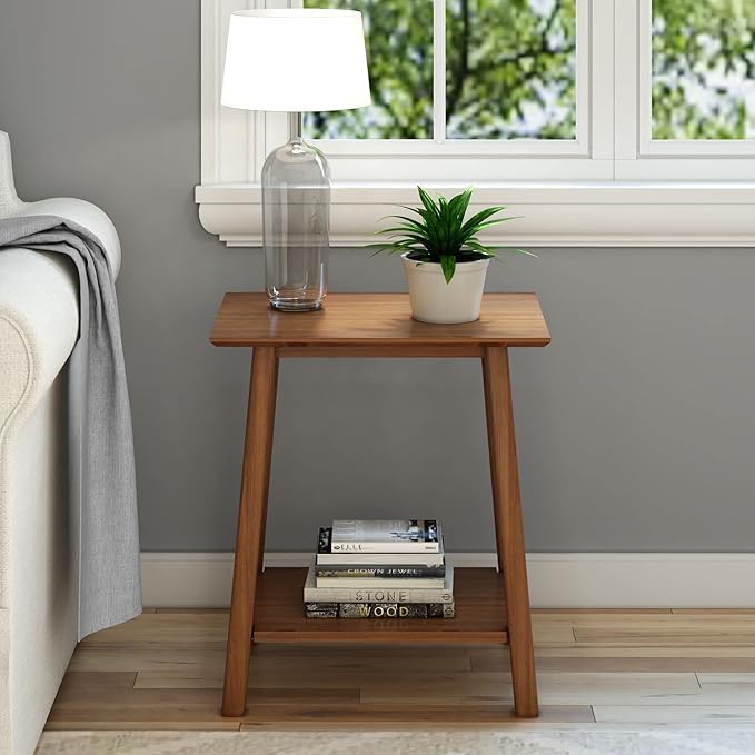 Plank+Beam Wooden Side Table with Storage, Mid Century Modern End Tables for Living Room, Small Solid Wood Nightstand, Bedside Tables, Bedroom Furniture, Pecan