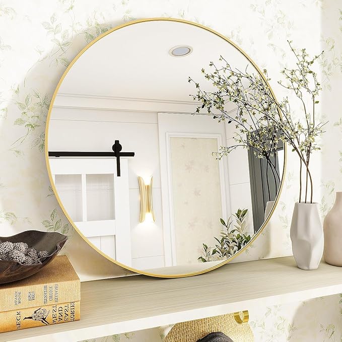 Gold Round Bathroom Mirror, 20 inch Circle Wall Mounted Hanging Mirror with Simple Modern Circular Metal Frame for Hallway, Entryway, Living Room, Gold Frame