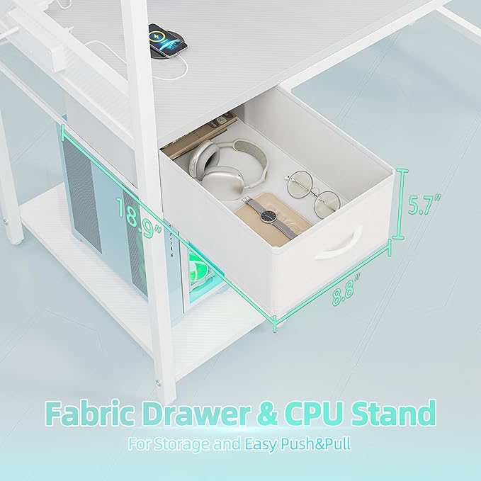 TIQLAB Gaming Desk 55 inch with Power Outlet and LED Light, Computer Desk with Reversible Shelves and Storage Drawer, Small PC Desk for Home Office Table with Bag, Carbon Fiber White