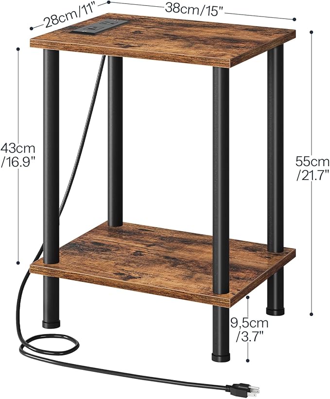 HOOBRO Side Table with Charging Station, End Table with USB Port and Outlet, Nightstand with 2-Layer Storage Shelves for Small Spaces, Living Room, Bedroom, Stable Frame, Rustic Brown BF09UBZ01