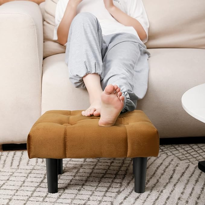 HOUCHICS Small Footstool Ottoman,Velvet Soft Footrest Ottoman with Wood Legs,Sofa Footrest Extra Seating for Living Room Entryway Office(Coffee 1PACK)