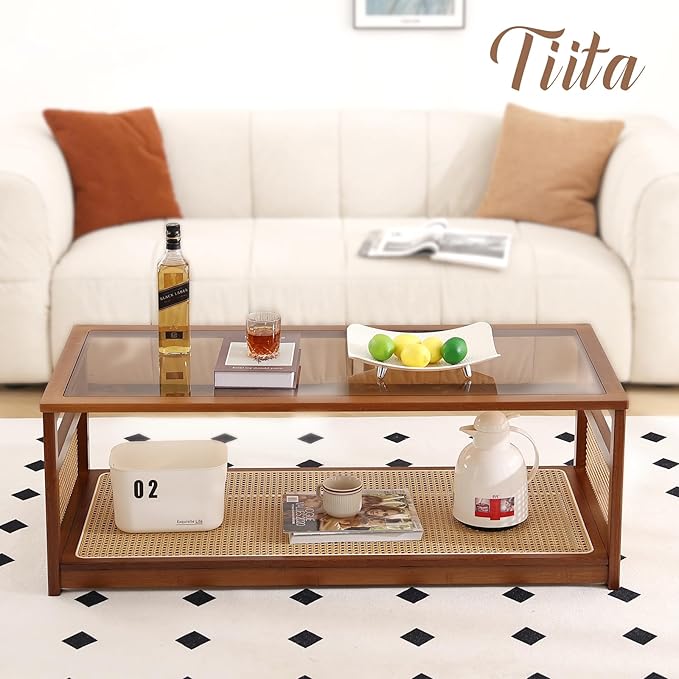 Tiita Coffee Tables for Living Room，Mid Century Modern Storage 2-Tier Coffee Tables，Rattan Glass RectangleTables，Suitable for Living Room Apartment, Large, Brown