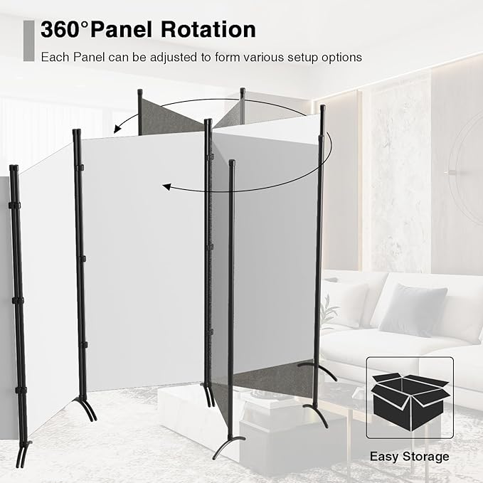 Room Divider 6-Panel Privacy Screen, Portable Screen Steel Frame with Hook&Loop for Home, Office, Classroom, Studio, Meeting (White)