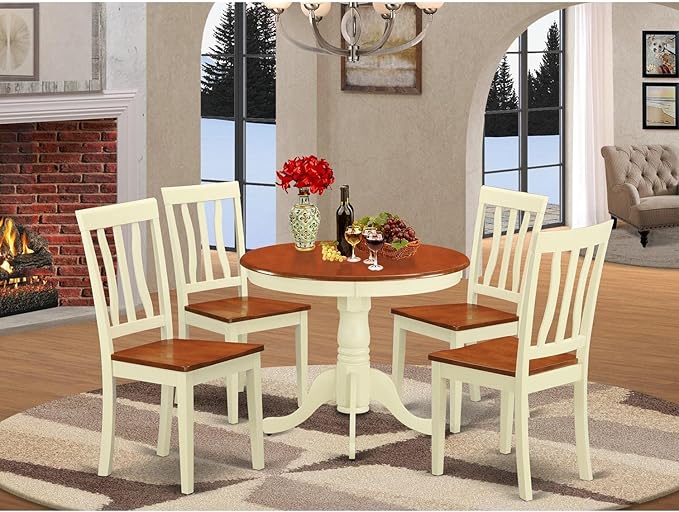 East West Furniture ANTI5-WHI-W 5 Piece Modern Dining Table Set Includes a Round Kitchen Table with Pedestal and 4 Dining Chairs, 36x36 Inch, Buttermilk & Cherry