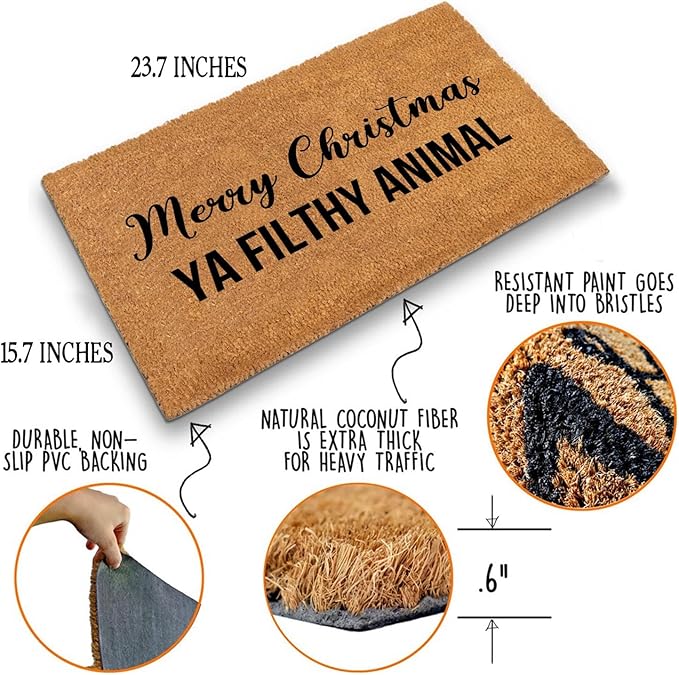 Funny Coir Doormat Merry Christmas YA Filthy Animal Front Door Mat Entryway Outdoor Mat with Heavy Duty Front Porch Welcome Mats Entry Natural Coconut Brown Mat House Warming Gift Mat23.7x15.7 inch