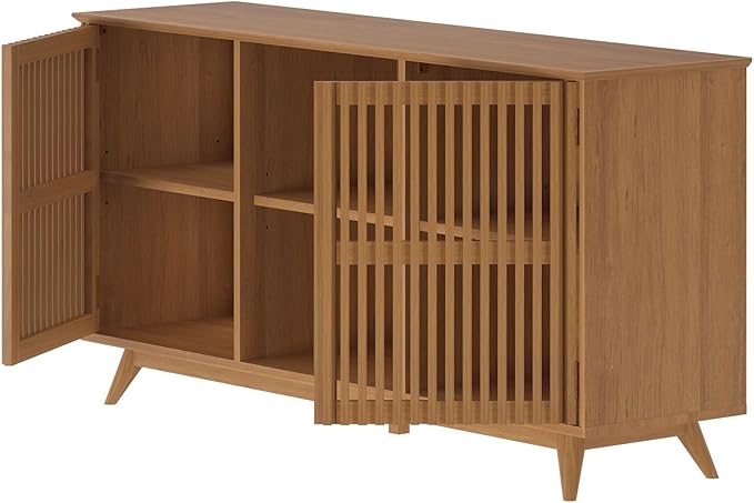 Plank+Beam Mid-Century Modern Wood TV Stand, Solid Wood Entertainment Console with Storage, 59" L x 16" W x 30" H, Pecan