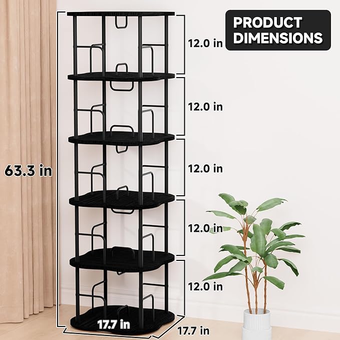 5-Tier Rotating Book Shelf, 360° Display Spinning Bookshelf Tower, Book Organizer, Floor Standing Bookcases for Small Space, Corner Book Shelf for Bedroom, Living Room, Study Room (Black)