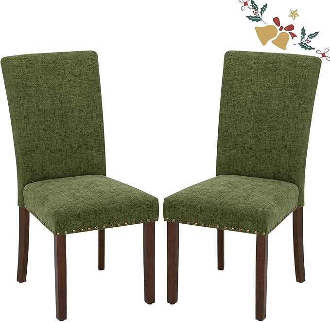 Parsons Dining Chairs Set of 2, Upholstered Nailhead Dining Room Kitchen Side Chair with Thick Cushions and Wood Legs, Green