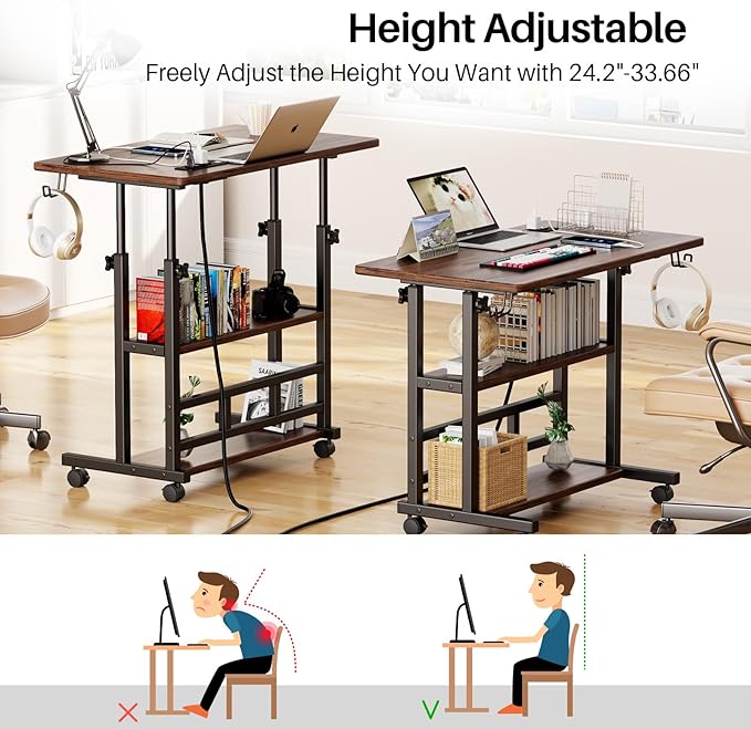 Adjustable Height Standing Desk with Power Outlets, Rolling Stand Up Desk with Storage Shelves, 31.5" Small Mobile Computer Desk, Portable Laptop Table (Brown)