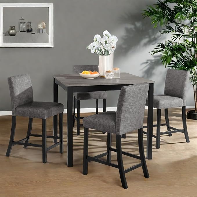 Dining Table Set for 4, 5-Piece Kitchen Table & Chairs Set with Square Wooden Table & 4 Upholstered Chairs, 35.5'' Dinner Set with Solid Wood Legs & Curved Backrest for Kitchen, Black