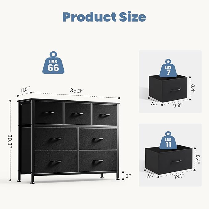 DUMOS Dresser for Bedroom, Chest of Drawers, Closet Storage with 7 Drawers, Cloth Dresser Clothes Organizers Tower with Fabric Bins, Metal Frame, Wood Tabletop for Nursery, Guest Room, Living Room