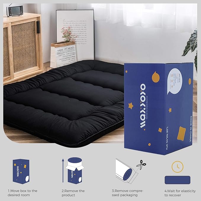 MAXYOYO Japanese Floor Mattress Futon Mattress, 4" Thicken Tatami Mat Sleeping Pad Foldable Roll Up Mat Boys Girls Dormitory Pad Kids Floor Lounger Pillow Bed, Black, King