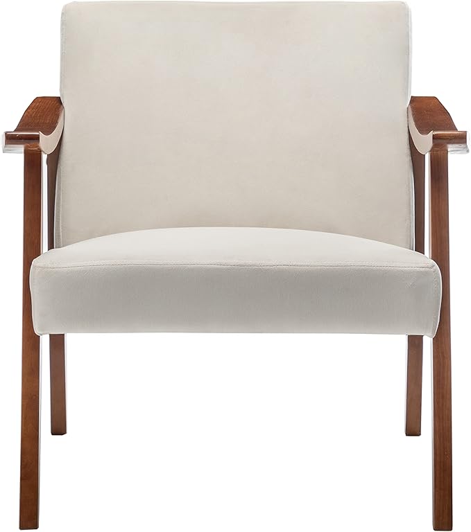Container Furniture Direct Accent Chair with Velvet Upholstery and Solid Wood Frame, Classic Mid-Century Modern Living Room Furniture for Extra Seating, Cream White