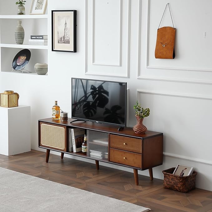 Tiita TV Stand with Storage for TVs up to 65'', Bamboo Rattan TV Console Entertainment Center with 2 Open Shelf, Mid Century Modern Media Console for Living Room, Bedroom, Walnut