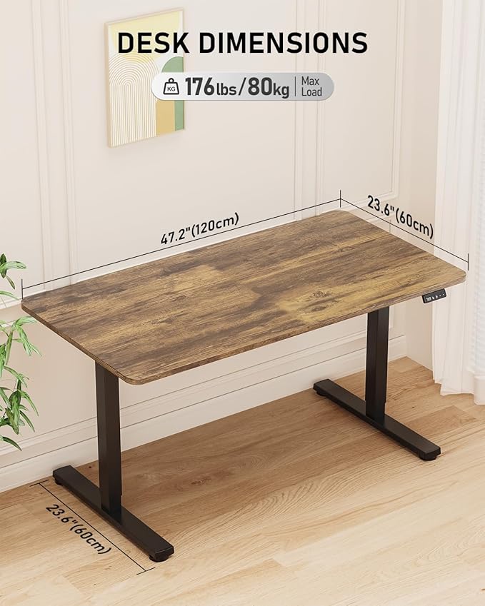 Electric Standing Desk, Large Height Adjustable Stand up Desk, 48 x 24 Inches Sit Stand Home Office Desk, with Splice Board, Black Frame/Rustic Brown Top