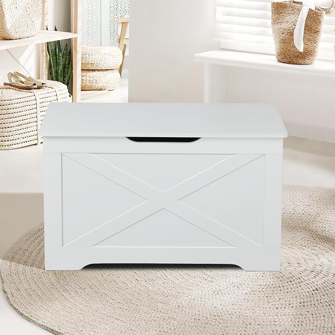 Storage Chest, Wooden Storage Bench, Entryway Shoes Bench with 2 Safety Hinges, Retro Storage Trunk for Living Room, Bedroom, 15.7 x 31.5 x 18.9 Inches, White