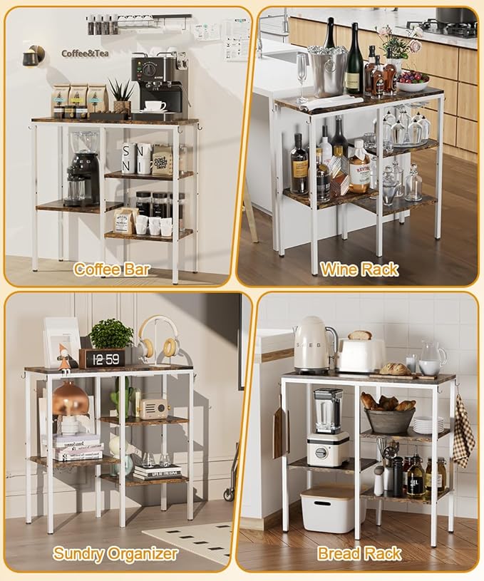 Artibear 4-Tier Kitchen Microwave Oven Stand, Adjustable Coffee Bar Station for Small Appliance, Baker's Rack with 4 Hooks & 5 Storage Shelves, Utility Rack for Kitchen, Living Room, Office, White