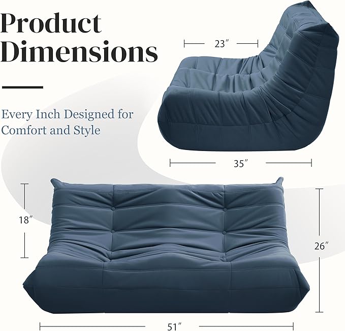 Bean Bag Chair, Loveseat Fireside Chair Bean Bag Sofa for Adults, 2 Seater Bean Bag Chairs for Teens with High-Resilience Foam, Memory Foam Bean Bag for Living Room, Bedroom, Office (Suede, Dark Blue)
