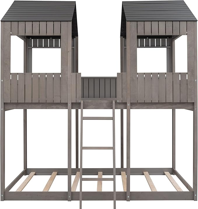 Ball & Cast Full Over Full Size Playhouse Bunk Bed with Roof and Window,Wood Bunkbed w/Full-Length Guard Rail & Ladder,Slat Support,Space Saving,Bedroom Furniture for Student Dorms,Antique Gray