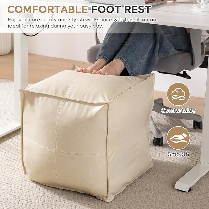 17.7" Square Unstuffed Pouf Ottoman Cover (Only Cover No Filler), Pu Leather Poufs Cube Foot Stool Poofy Ottomans Footrest, Casual Footstool for Living Room, Perfect to Rest Your Feet, Beige