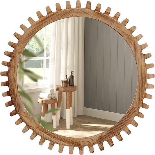 ULIKE Round Wood Mirror, 24 Inch Rustic Farmhouse Circle Mirror with Wooden Frame, Mordern Wall Decor for Bathroom Nursery Bedroom Living Room Entryway, Brown
