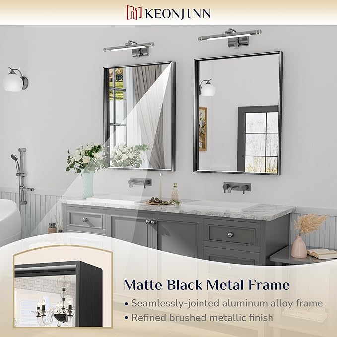 Keonjinn Black Bathroom Vanity Mirror 28 x 36 Inch Rectangle Wall Mirror Metal Framed Farmhouse Mirror Brushed Square Corner Bathroom Mirror for Over Sink, Modern Black Mirror(Horizontal/Vertical)