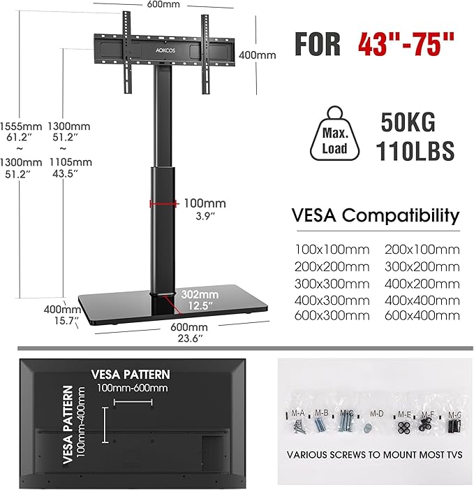 Swivel TV Floor Stand for 43-75 Inches TVs, 10 Level Height Adjustable Corner Extra Tall TV Stand Mount for Living Room/Bedroom, Holds up to 110 lbs,MAX VESA 600x400mm,Black