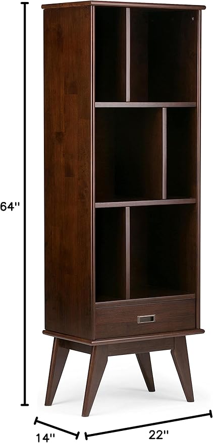 SIMPLIHOME Draper Bookcase - 64 inch Tall Solid Hardwood Storage Bookshelf in Medium Auburn Brown, Mid-Century Modern Storage for Living Room, Study or Office with Adjustable Shelves and Angled Legs