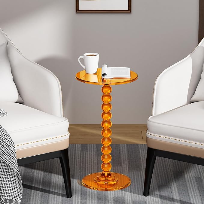 Acrylic Side Table, End Table Round Top with Solid Post for Living Room, Bedroom, Balcony, Easy Assembly (Clear) (Pedestal, Orange)