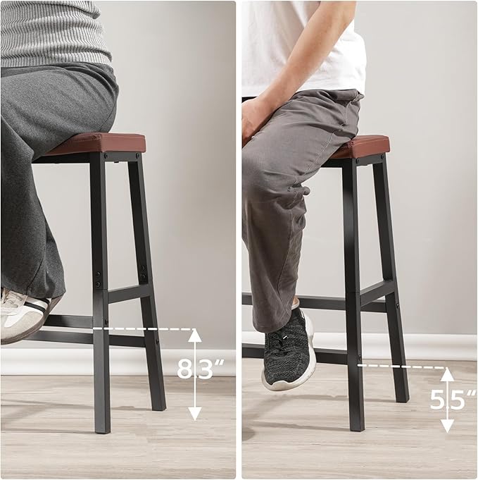 HOOBRO Bar Stools, 24" Set of 2 Bar Chairs, PU Leather Upholstered Breakfast Stools, Easy Assembly, Suitable for Kitchen, Bar, Dining Room, Brown and Black BC01MD01