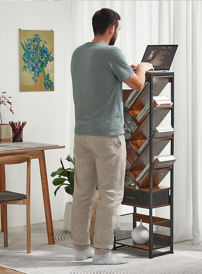 Bookshelf with Drawer,10 Tier Tree Bookcase Retro Floor Standing Bookshelves,Tall Wood Bookcases with Cabinet Storage Organizer for Living Room, Bedroom & Home Office, Classic