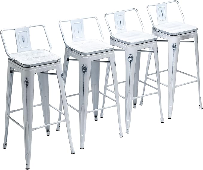 Yongchuang Industrial Metal Barstools Set of 4 Counter Height Bar Stools with Back (24" Seat Height Wooden Top Low Back, Distressed White)
