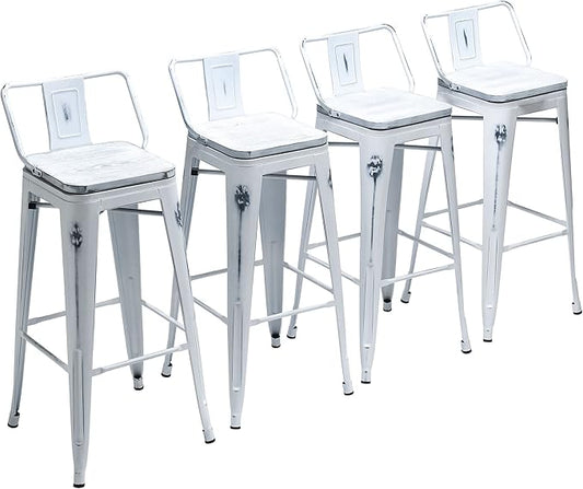Yongchuang Industrial Metal Barstools Set of 4 Counter Height Bar Stools with Back (24" Seat Height Wooden Top Low Back, Distressed White)