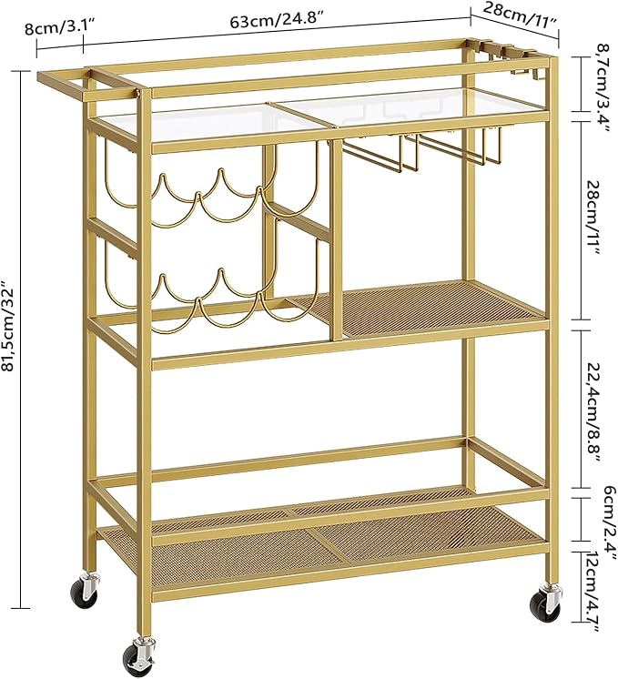 Bar Cart for Home, 3-Tier Serving Cart with Wheels and Handle, Beverage Cart with Wine Rack and Glass Holders, Rolling Wine Cart for Kitchen, Dining Room, Gold RCJ61B01