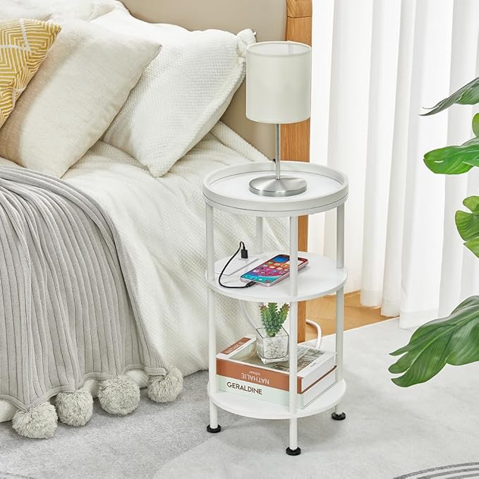 Small Round End Table with Charging Station, 3-Tier Accent Couch Beside Table with USB Ports & Power Outlets, Sofa Side Table for Living Room Small Nightstand Bedroom (USB Charger, White)